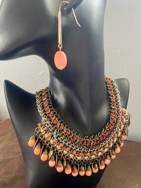 Handcrafted Multicolor Chainmail Bib Necklace - Orange & Blue Accents, Earrings